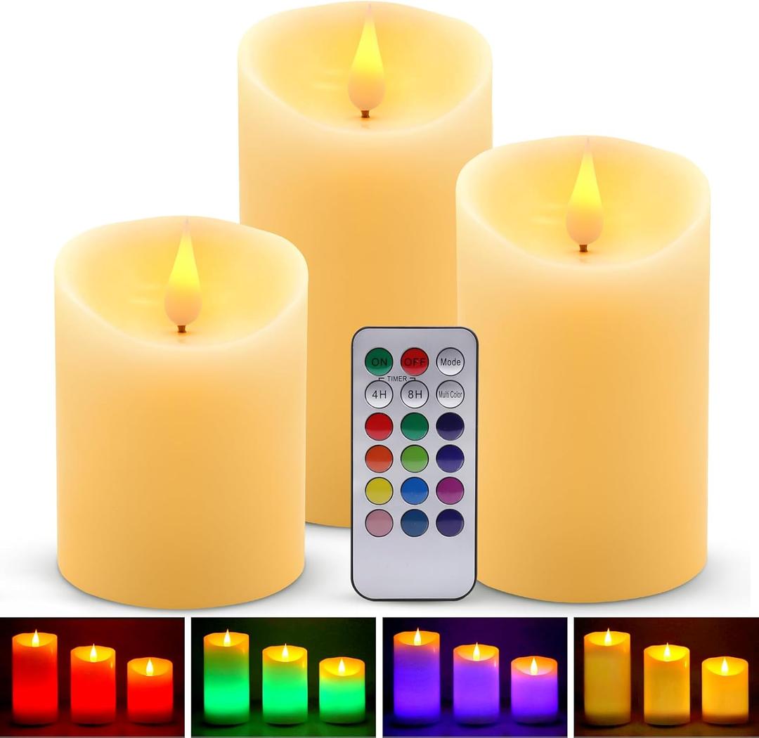 Flameless LED Candles Light, ALED Light 3 Pack Warm White Plus Multicolor Real Wax Battery Operated Electric LED Battery Candles with Timer FLameless Pillar Candles for Decoration