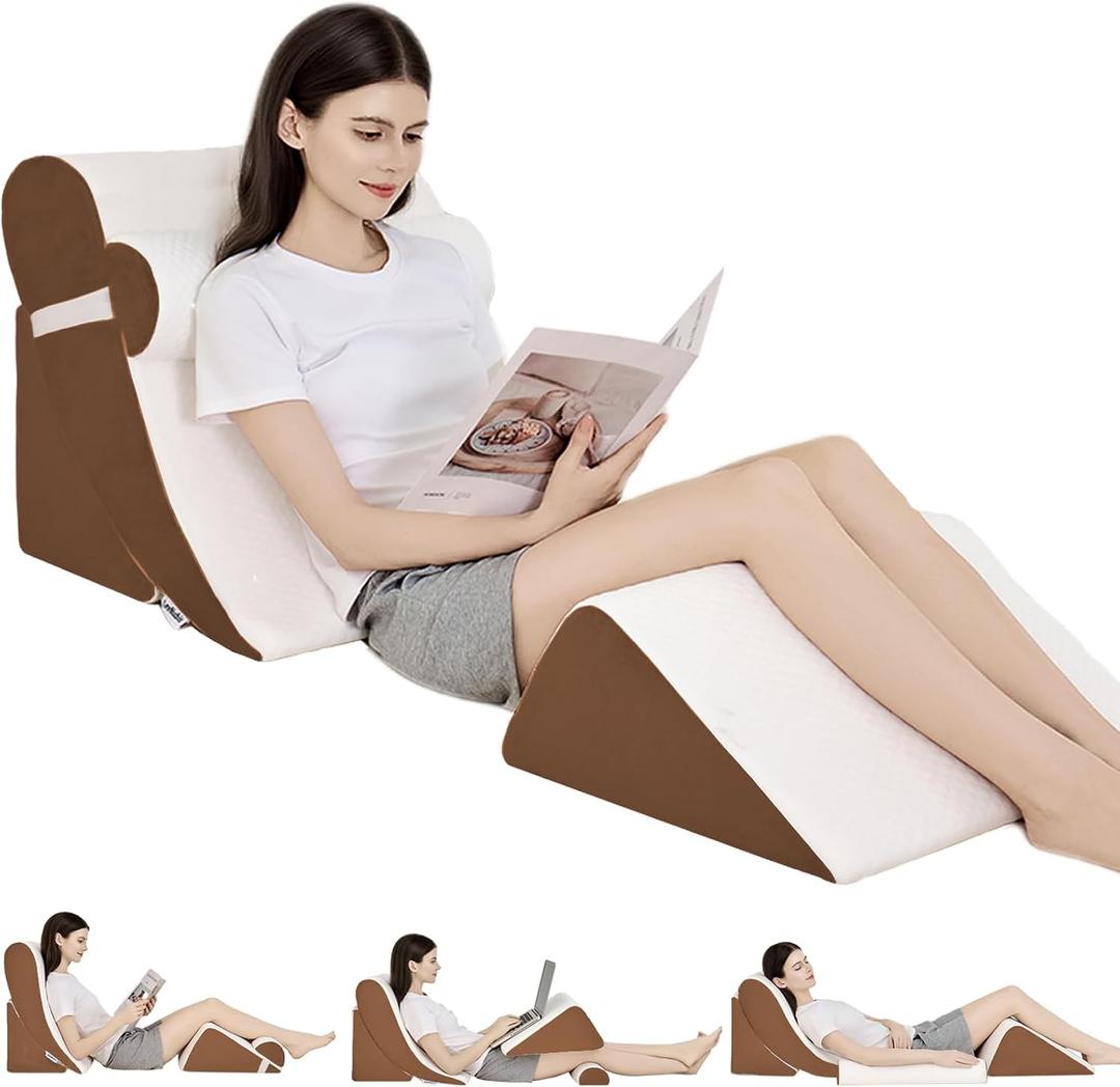 4PCS Orthopedic Bed Wedge Pillow Set for Post Surgery&Pain Relief,Adjustable Wedge Pillow for Back,Acid Reflux,Sitting up in Bed,Recovery,Snoring,Body Pillow for Sleeping (White/Dark Brown)