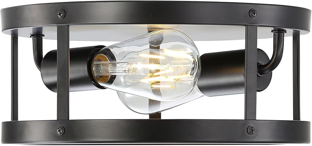Farmhouse Semi Flush Mount Ceiling Light, Black 11inch 2-Light Metal Cage Light Fixture Ceiling Mount, Industrial Closed to Ceiling Mount Lamp, Vintage Pendant Lighting, Bulb Not Included