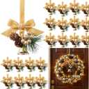 Hollowfly 24 Pcs Hanging Christmas Bells for Wreaths Decoration Jingle Bells with Bow and Pinecone Ornaments for Christmas Tree Home Xmas Door Wreath Gifts Holiday Party Decoration(Gold)