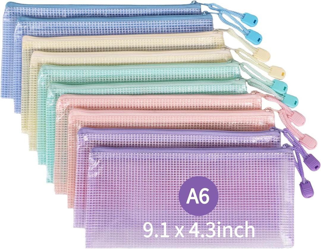 MultiBey 10 Pack A6 Mesh Zipper Pouches, Waterproof File Bags with Zipper | Durable Small Plastic Zipper Bags Organizer for Board Game Storage，Office School Supplies, 5 Pastel Colors