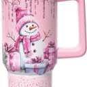40 oz Christmas Tumbler with Handle and Straw, Stainless Steel Insulated Snowman Tumbler 40 oz, Reusable Pink Snowman Cup with Leak Proof Lid, Christmas Gifts for Women