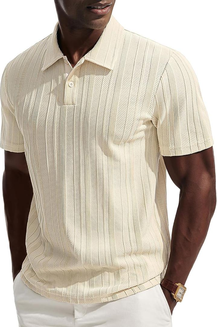 PJ PAUL JONES Mens Polo Shirts Short Sleeve Casual Dress Shirts Textured Knit Polo Collared Golf Shirts Fashion Tops (Beige, L)