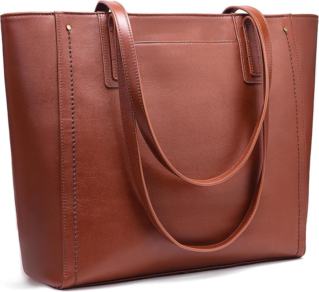 Genuine Leather Work Tote Bag for Women Large Vintage Tote Bag with Zipper Leather Purse and Handbags (Brown)