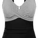 Hanna Nikole Tankini Tops for Women, Push Up Underwire Swimsuits, Removable Padded Bathing Suit Tops Only (Large, Black Strip)