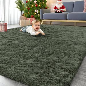 OLANLY 8x10 Machine Washable Large Area Rugs for Living Room, Bedroom, Soft Fluffy Shaggy Bedside Rug, Indoor Floor Carpet for Kids Girls and Boys, Dorms, Nursery, Home Decor Aesthetic, Olive Green