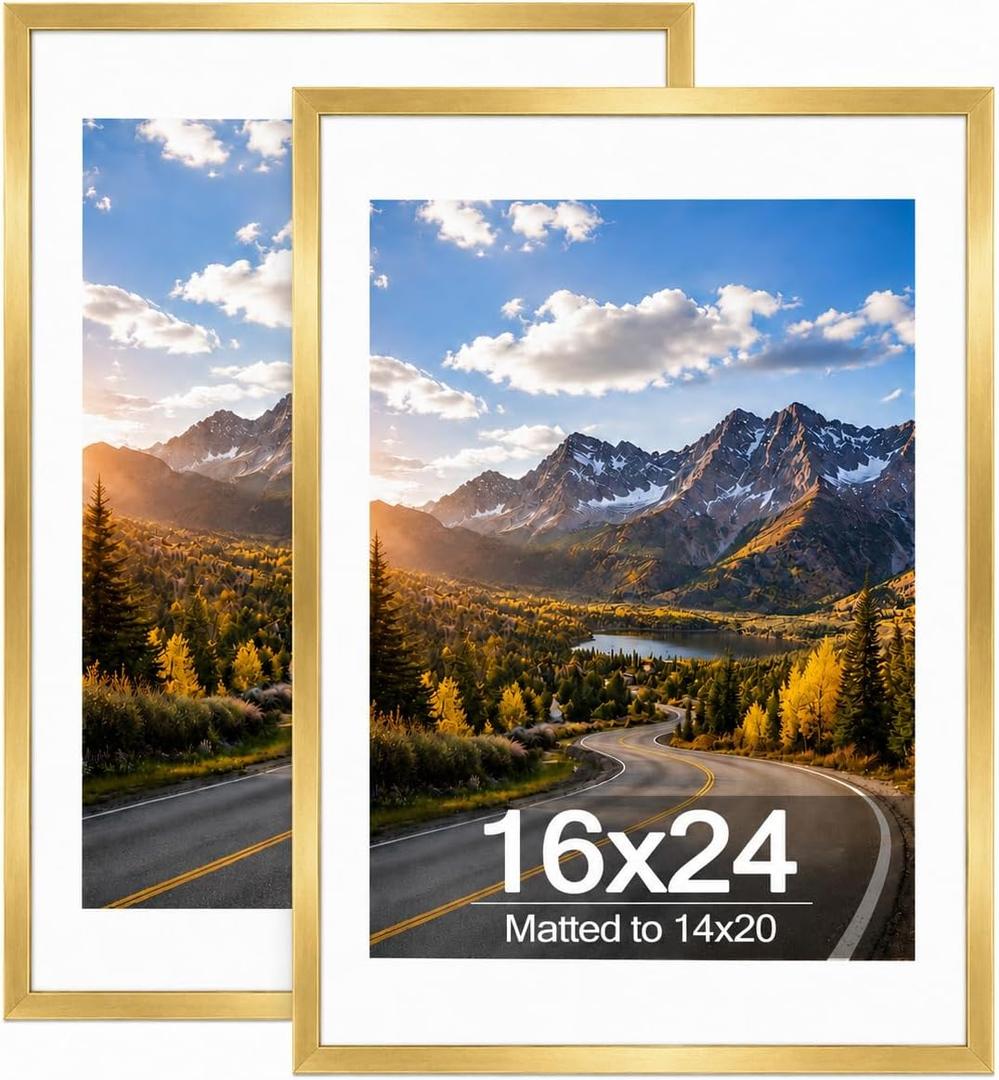 Wood 16x24 Picture Frame with 14x20 Mat Gold, Display 14x20 with Mat or 16x24 Without, Wood 16 by 24 Photo Frame, 16 x 24 Frame for Wall Hanging Display, Gold, 2 Pack