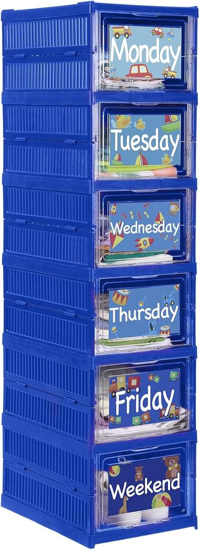 6 Shelf Daily Weekly Clothes Organizer for Kids Foldable Shoe Organizer Rack Storage Box with Doors Plastic Closet Storage for Daily Activity Monday Through Friday Essential Stuff, (Stylish)