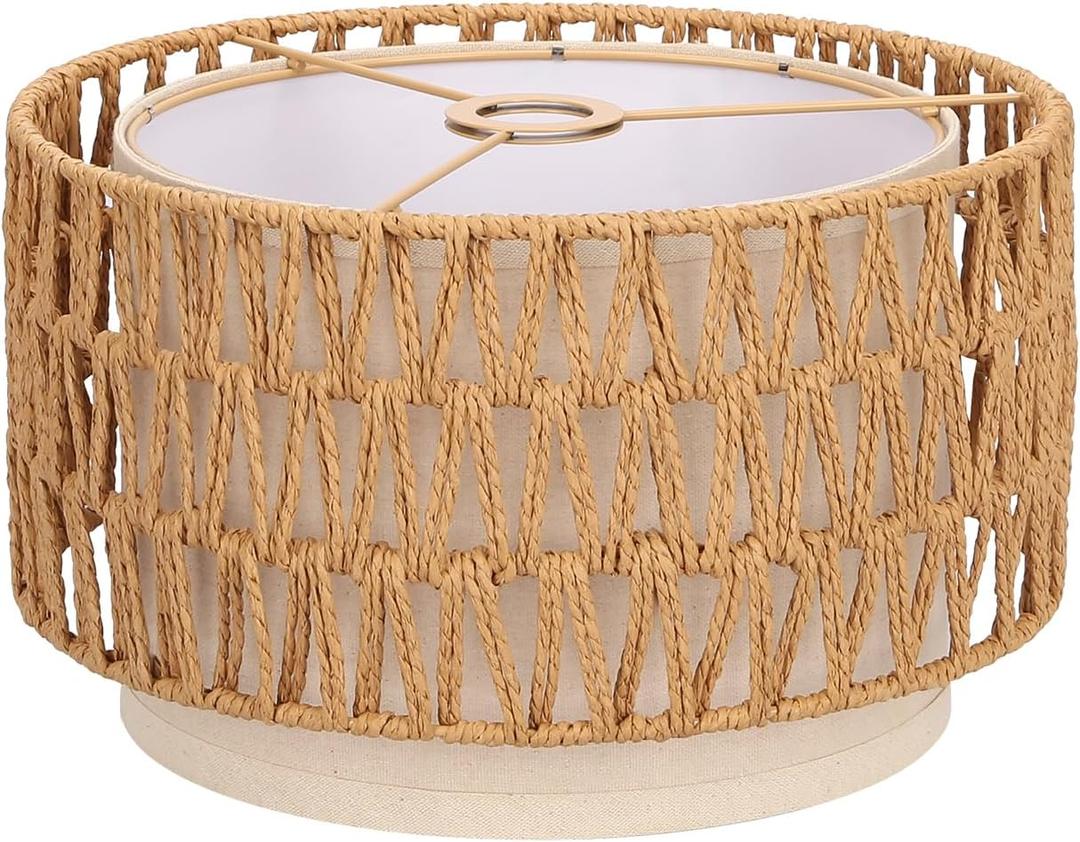 Boho Rattan Lamp Shade, 12.6" Top x 12.6" Bottom x 7.68" High, Natural Rattan & Linen Double Layer Lamp Shades for Floor Lamps Table Lamps Chandelier, UNO Fitter Lampshade Replacement, Easy Assembly