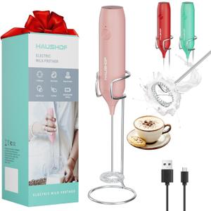 HAUSHOF Powerful Rechargeable Milk Frother Wand with Stand, Handheld Electric Foam Maker, Drink Mixer with Detachable Stainless Steel Whisk for Coffee Latte, Cappuccino, Matcha, Pink