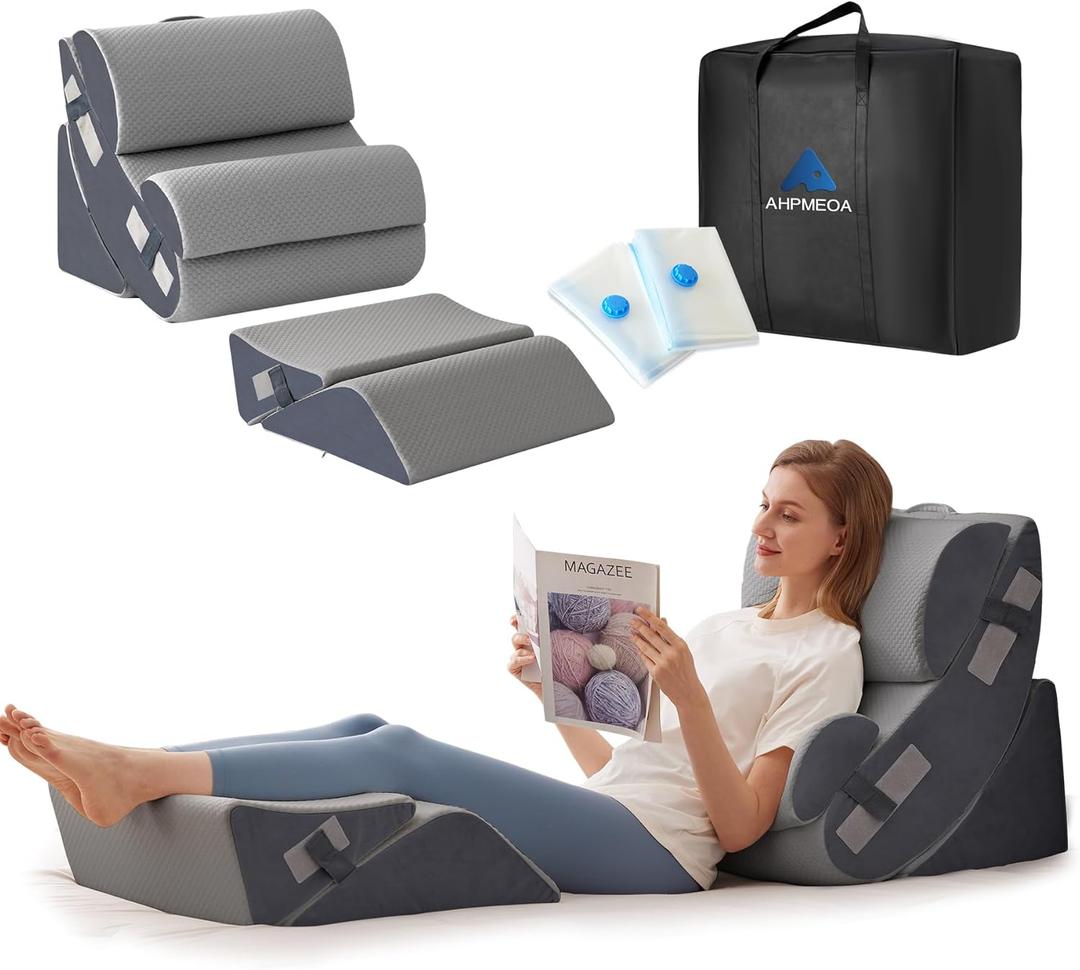 6PCS Orthopedic Bed Wedge Pillow Set for Sitting up in Bed, Memory Foam Post Surgery Pillow for Back Pain Relief, Back Support Pillow for Acid Reflux Relief, GERD, Anti Snoring (Grey)