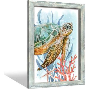 Bathroom Wall Art Wooden Decor: Sea Turtle Ocean Animal Framed Picture Marine Life Coral Beach Painting Vertical Underwater Creatures Coastal Print Artwork for Bedroom Kitchen (18"L x 24"W)