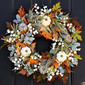 13.78 inch Farmhouse Fall Wreath Decor for Front Door with White Green Pumpkins,Autumn Fall Eucalyptus Wreath with Maple Leaves,Harvest Door Wreath for Autumn or Thanksgiving Decorations