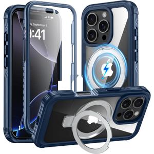 GUSTAVE Magnetic Stand for iPhone 16 Pro Case [Fit for Magsafe] [Built-in 9H Tempered Glass Screen Protector] Full-Body Shockproof Military-Grade Protective Case Blue