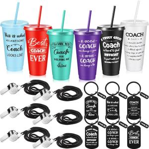 Hollowfly 6 Set Coach Appreciation Gifts for Men Women, Best Coach Ever Plastic Cup with Lid and Straw 24 oz Coaches Keychain Whistle, Soccer Baseball Softball Tennis Coaches Gift
