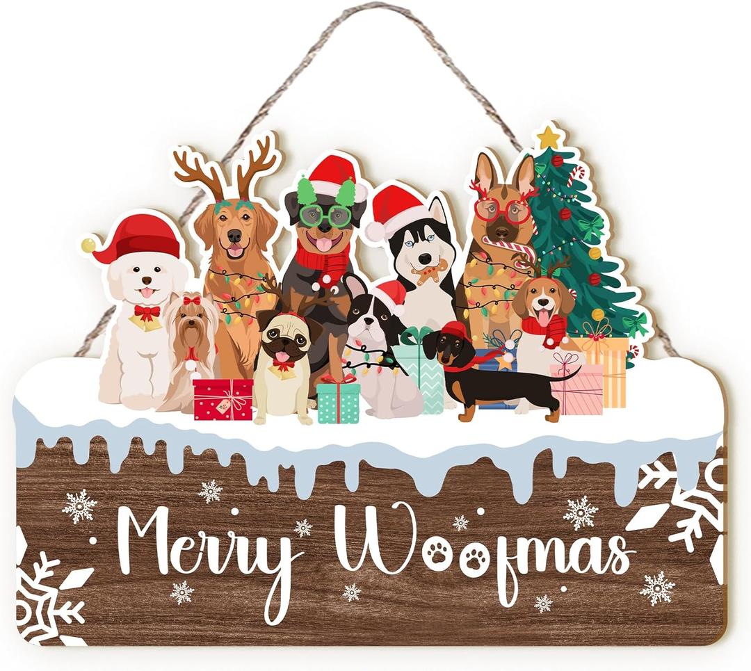 Motomate Merry Woofmas Chrsitmas Dog Sign, Funny Dog Front Porch Door Decor, Christmas Wall Hanging Decor - 8x10 Inch