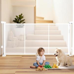 55" Retractable Baby Gate Extra Wide, 41" Tall Retractable Dog Gate for Stairs, Doorways, Decks, Mesh Gate Long Child Gate Pet Gate for Indoor, Outdoor, with Reinforced Mesh Rods, Dual Locks (White)