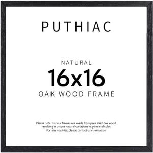 puthiac 16x16 Solid Oak Wood Picture Frame, Fits 12x12 with Mat or 16x16 Without Mat, Wall Display Only, Plexi Front, 1 Pack, Black