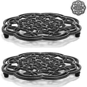Yopay 2 Pack Cast Iron Trivet Heavy Duty, 7.7 inch Round Metal Trivet for Hot Pans or Teapot, Rustproof Pot Stands Holders with Rubber Pegs for Countertop, Dining Table, Kitchen Farmhouse Decoration