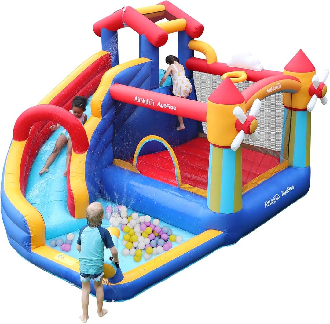AirMyFun Bounce House with Slide, Inflatable Bouncy House for Kids with Windmills Theme Indoor Outdoor Use, Bounce Castle with Jumping, Ball Pit, Basketball Hoop and Water Gun