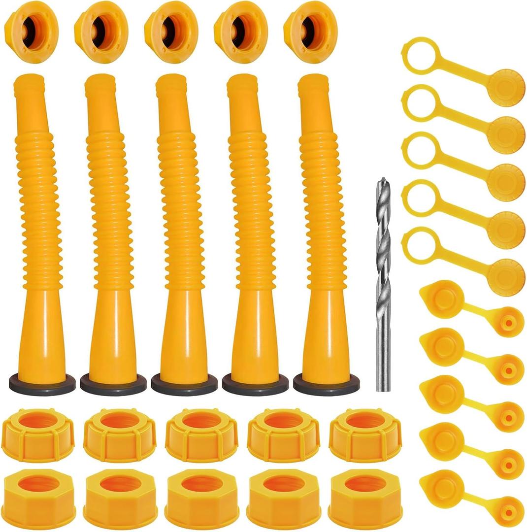 Gas Can Spout Replacement Kit, Gas Can Nozzle Replacement (5 Kit), for most 1/2/5/10 Gallon Gas Cans. The seal is fully installed you can use it directly. Replacement gas can spout (Yellow)