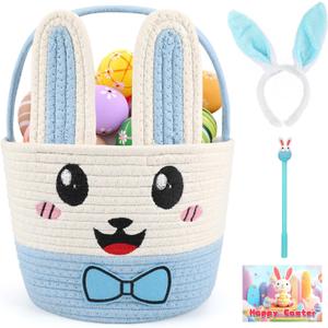 Easter Bunny Basket for Kids, Large Capacity Easter Egg Fillable Basket with Handle, Bunny Ears Colorful Woven Baskets for Boys, Girls, and Babies, Perfect for Easter Egg Hunts, Party