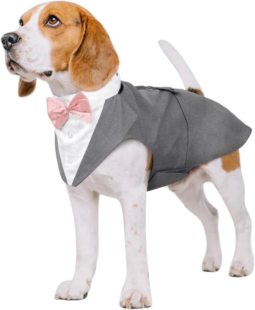 Kuoser Dog Tuxedo Dog Suit and Bandana Set, Dogs Tuxedo Wedding Party Suit, Doggy Prince Bow Tie Shirt Formal Pet Wedding Attire for Dogs Golden Retriever Samo Bulldogs (Medium (pack of 1), Grey)