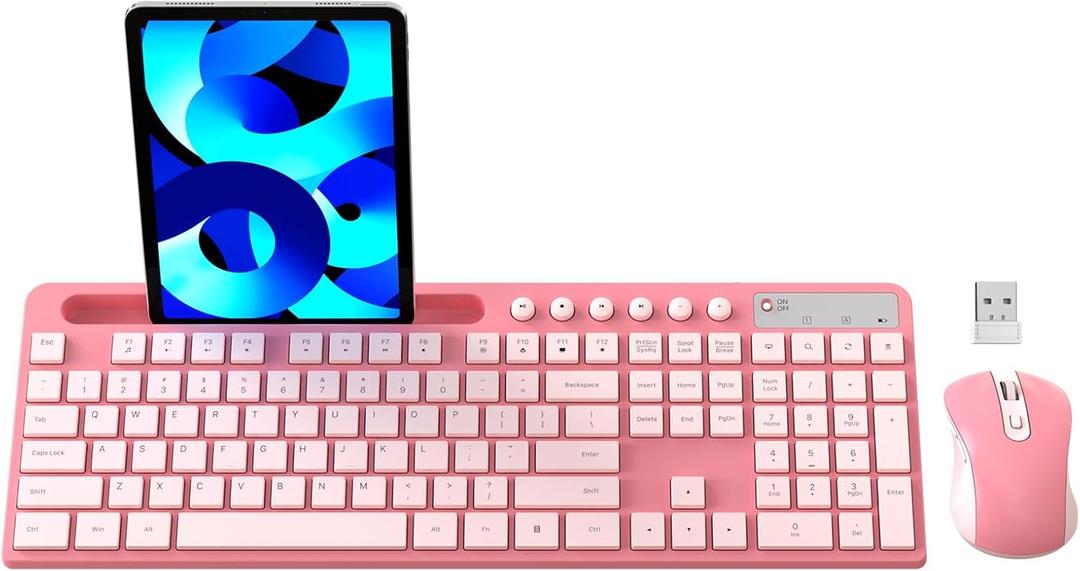 Wireless Keyboard and Mouse Combo, MARVO 2.4G Ergonomic Wireless Computer Keyboard with Phone Tablet Holder, Silent Mouse with 6 Button, Compatible with MacBook, Windows (Sakura Pink)