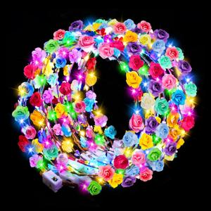 Valentines Day Gifts, 24 PCS LED New Year Flower Crowns Headbands, Light Up Flower Crowns for Women & Girls, Glow in The Dark Flower Hairbands Wreath for Wedding Beach Party Birthday Cosplay Gifts