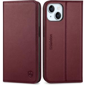 SHIELDON Case for iPhone 15 5G 2023, Genuine Leather Wallet Magnetic Case with RFID Blocking Credit Card Slot Kickstand Full Protection Cover Compatible with iPhone 15 6.1" - Wine Red (Wine Red)