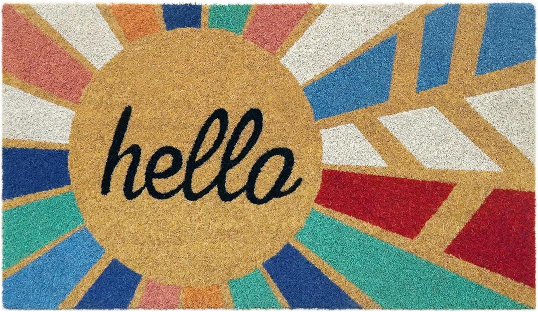 Hello Colorful - 17"x29" - Coir Door Mat with Heavy Duty Backing - Welcome Mats for Entryway, Porch - Anti-Slip PVC & Coconut Fiber Surface - Natural Home Accessories, Minimalist Original Design