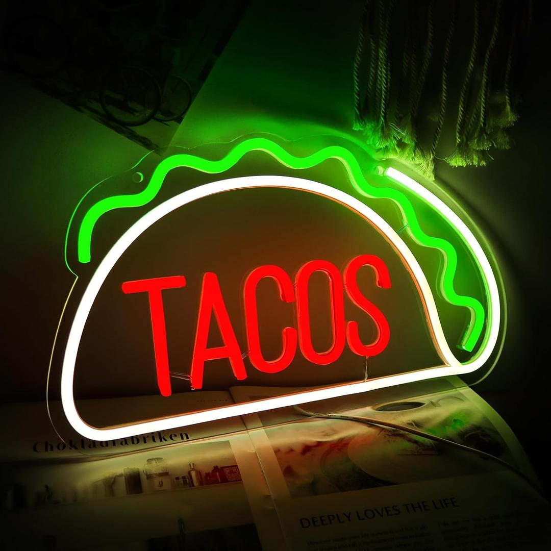 Tacos Neon Signs for Wall Decor Neon Lights for Tortilla Shop Led Signs Suitable for Mexican Restaurant Bar Unique Gift for Lover 5V Usb Power 15.8 * 8.7 Inch(Red + Green + Warm White)