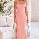 PRETTYGARDEN Women's 2026 Summer Maxi Dress Spaghetti Strap Mesh Slip Bodycon Dress Cowl Neck Cocktail Party Long Dresses (Pink, XXL)