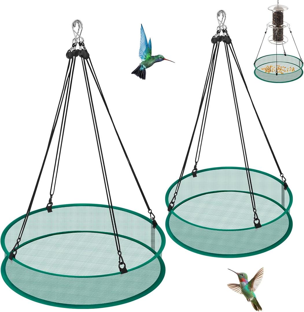 2 Pack Bird Seed Catcher for Outdoor Feeders, 24in & 16in Adjustable Hanging Trays with 4in Anti-Spill Height, Hanging Hoop Bird Seed Catcher Tray for Hummingbird Feeders Outdoor Garden Accessories