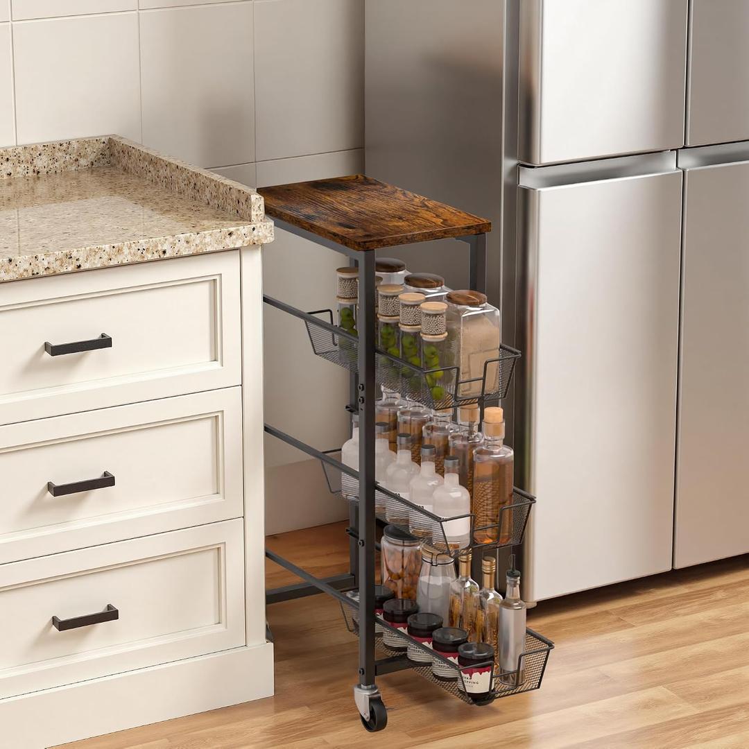 Slim Rolling Cart, 4-Tier Storage Cart, 9.1inch Narrow Kitchen Rolling Cart on Wheels for Small Space, Utility Cart Shelving Unit with Wooden Top and Metal Handle for Kitchen, Bathroom, Laundry Room,4 Tiers (9.1"D x 30.3"H)