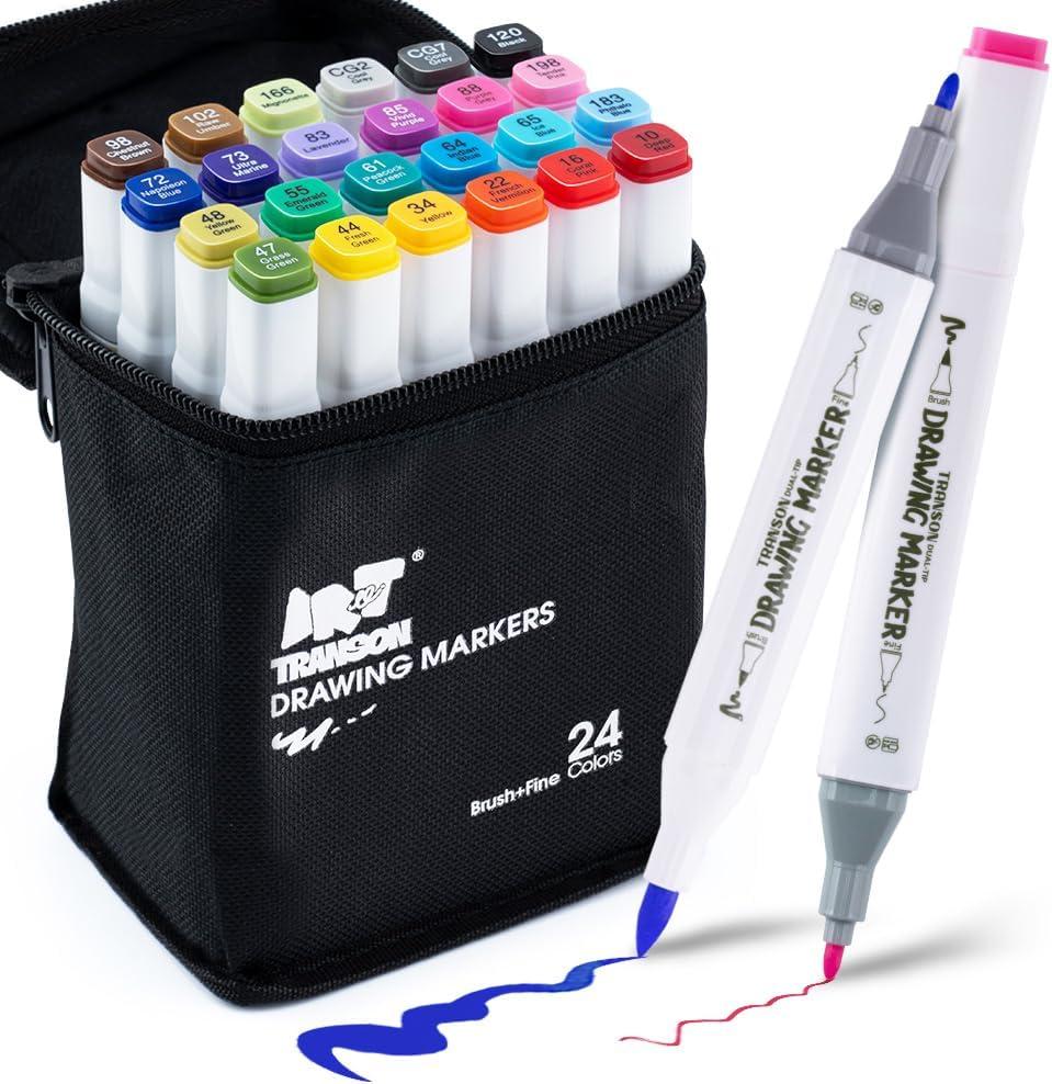 TRANSON Alcohol Markers for Drawing Coloring 24 Colors Dual-tip Fine and Brush Tips