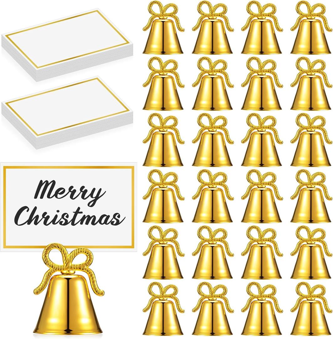 Watersay 12 Pcs Christmas Card Holders Jingle Bell Gold Table Number Metal Picture Holders for Wedding Photos Signs Memo Notes Restaurants Birthday