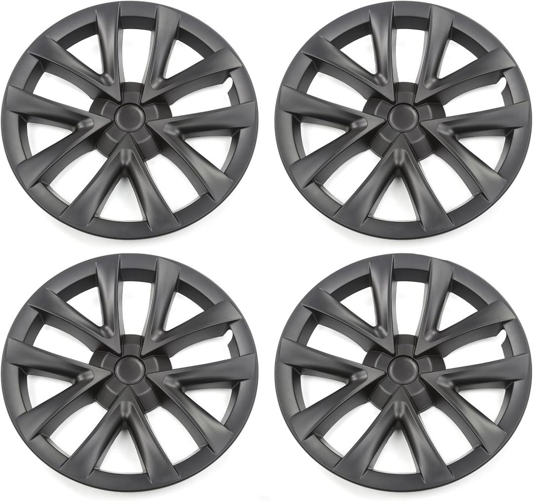 IKON MOTORSPORTS, Wheel Hubcaps Compatible with 2017-2023 Tesla Model 3, Matte Black SP Model S Plaid Style ABS Plastic 18 Inch Hub Caps Hubcap Rim Cover Skin Covers 4PCS Replacement, 4 Pack
