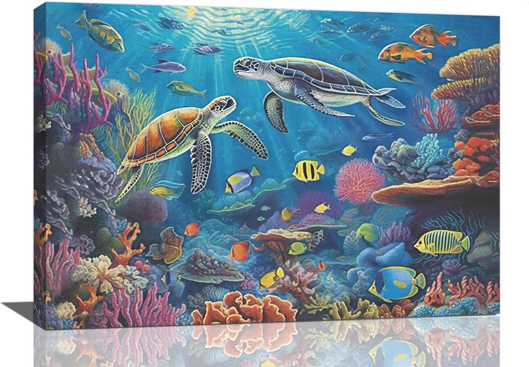 Sea Turtle Wall Art Marine Theme Ocean Pictures Wall Decor Colorful Fish Coral Beach Canvas Painting Prints Artwork Modern Home Decoration Framed for Living room Bedroom Bathroom Office 16"X24"