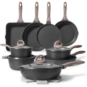 JEETEE Pots and Pans Set Non Stick 23pcs, Healthy Kitchen Cookware Sets, Induction Cooking Set W/Gray Frying Pans, Saucepans, Saut & Griddle & Crepe Pan (PFOA, PFAS Free), 23 pcs Grey Aluminum