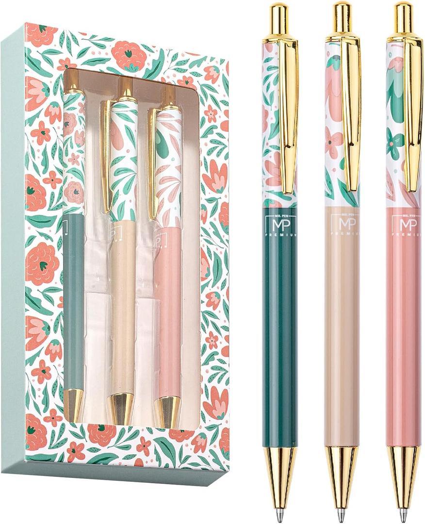 Mr. Pen- Luxury Floral Pen Set, 3 pcs, Black Ink Ballpoint Pens, Floral Pen, Fancy Pens for Women, Cute Pens for Journaling, Mother's Day (1 Count (Pack of 1))