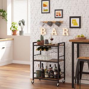TUTOTAK Bar Cart, Serving Cart for Home, Microwave Cart, Drink Cart, Mobile Kitchen Shelf with Wine Rack and Glass Holder, Rolling Beverage Cart BC01BB030 (13"D x 23.7"W x 32.7"H, Brown)