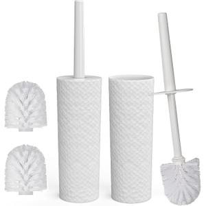 Topsky Toilet Brush & Holder Set, 2 Pack Plastic Round Barrel Loo Brush with 2 Replacement Heads, Durable for Bathroom, White