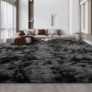 Large Shag Area Rugs 10 x 14, Tie-Dyed Plush Fuzzy Rugs for Living Room, Ultra Soft Fluffy Furry Rug for Bedroom, Anti-Skid Indoor Carpet Nursery Rugs for Kids Room Home Decor, Dark Grey