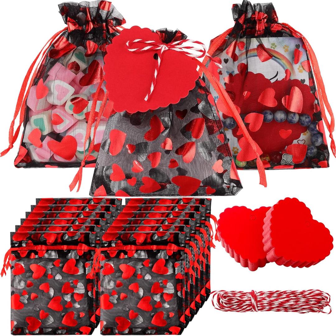 Hillban 100 Pcs Valentine's Day Heart Organza Bags 4 x 5 Inch Treat Candy Gift Organza Bags with 100 PCS Heart Tags for Jewelry Packaging Valentine's Day Gift Wedding Festival Party Supply