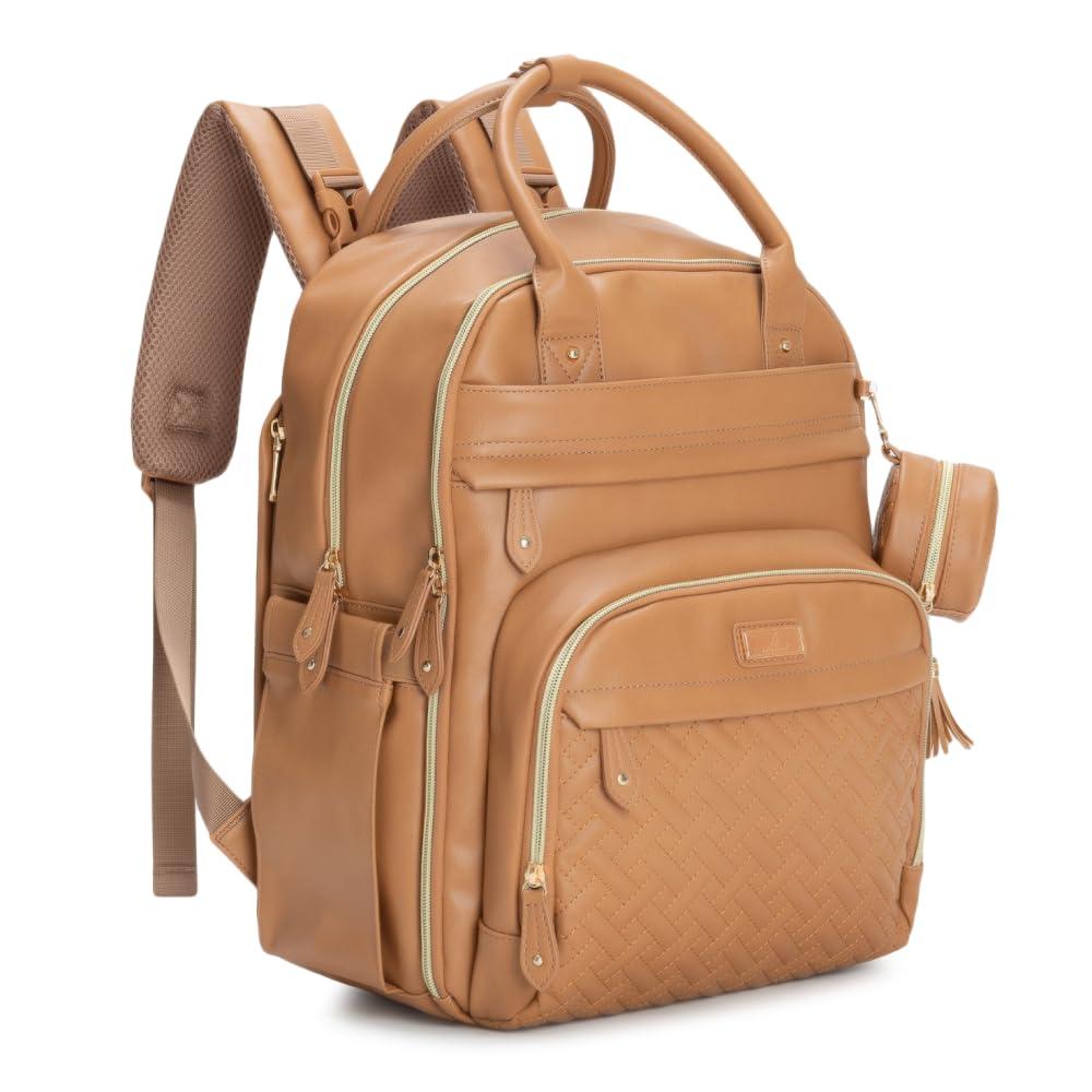 BabbleRoo Leather Diaper Bag Backpack - Baby Essentials Travel Baby Bag, Multi function, Waterproof, with Changing Pad, Stroller Straps & Pacifier Case  Unisex, Light Brown
