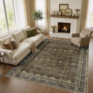 WITSHOCK 8x11 Area Rugs for Living Room - Washable Vintage Rug Retro Antique Neutral Large Non Slip Low Pile Soft Boho Indoor Floor Carpet for Bedroom Dining Room Home Decor, Olive Green&Brown