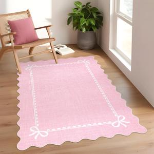 GarveeHome Scalloped Bow Rug for Living Room, Solid Pink Rug for Dorm, Washable Rugs 4x6 Soft Low Pile Non Slip Scalloped Rugs for Nursery Bedroom Decor Hallway Kids Room Playroom