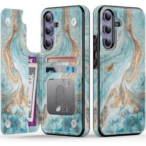 Goodon for Samsung Galaxy S24 Plus Case Wallet - Flip Folio Leather Cover with Trendy Floral Design, 3 Card Slots & Kickstand Function, Protective Phone Case for Women and Girls - Teal Gold Marble