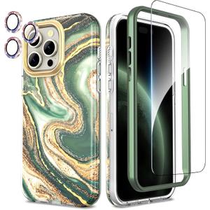 SHEDEER Compatible with iPhone 15 Pro Max Case, Slim Stylish Design for Women, 360 Degree Protection, [with Screen Protector & Camera Lens Bling Cover] Dropped 3000 Tests,Quicksand/Green